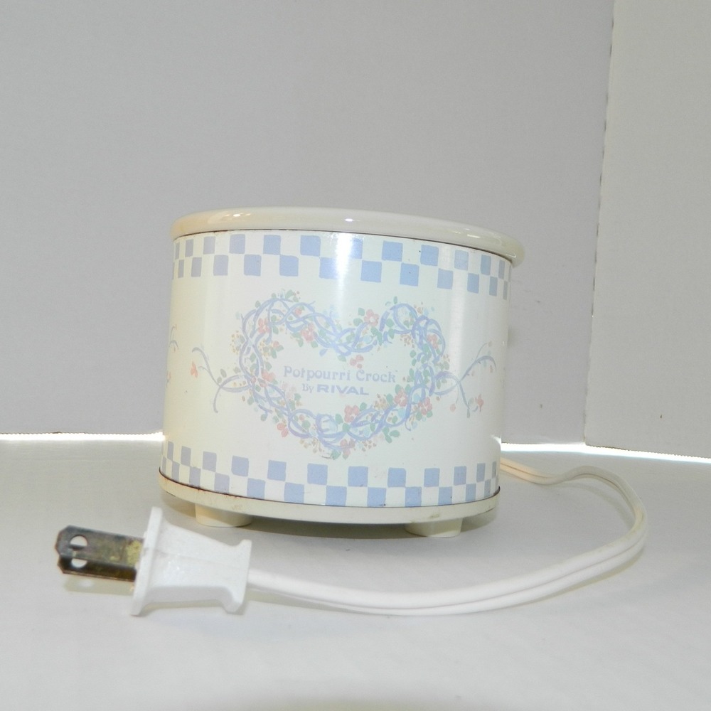 Rival Potpourri Crock Wax Warmer Cream Floral Heart Checkered Cottagecore Vtg